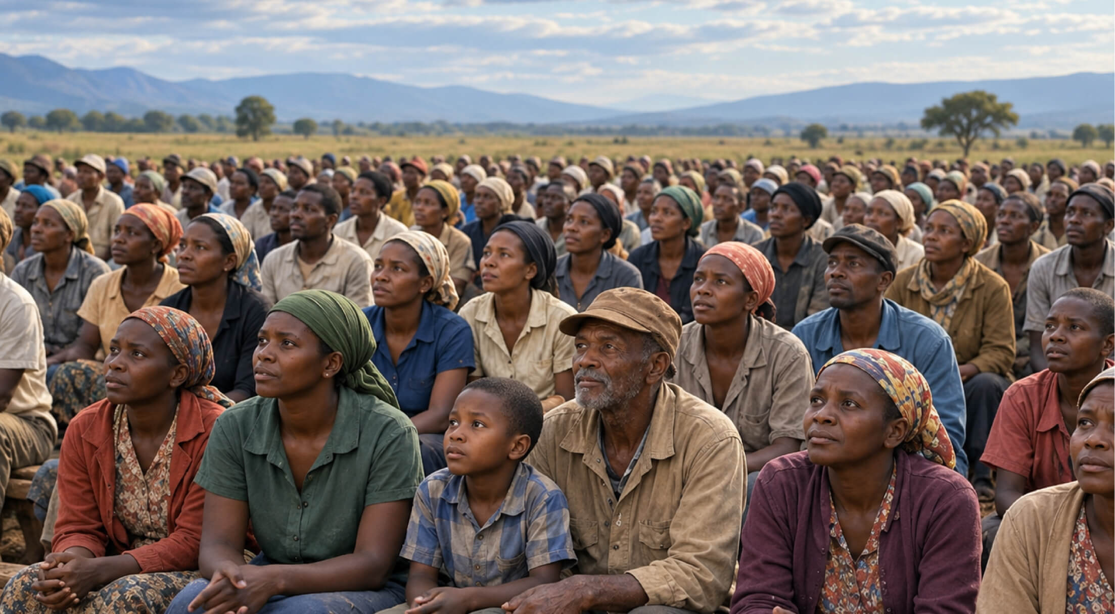 A crowd gathered outdoors, listening attentively.